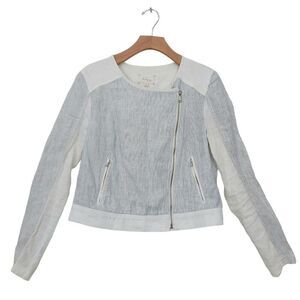 Lou & Grey Moto Zip Jacket Womens Medium White Blue Striped 100% Linen